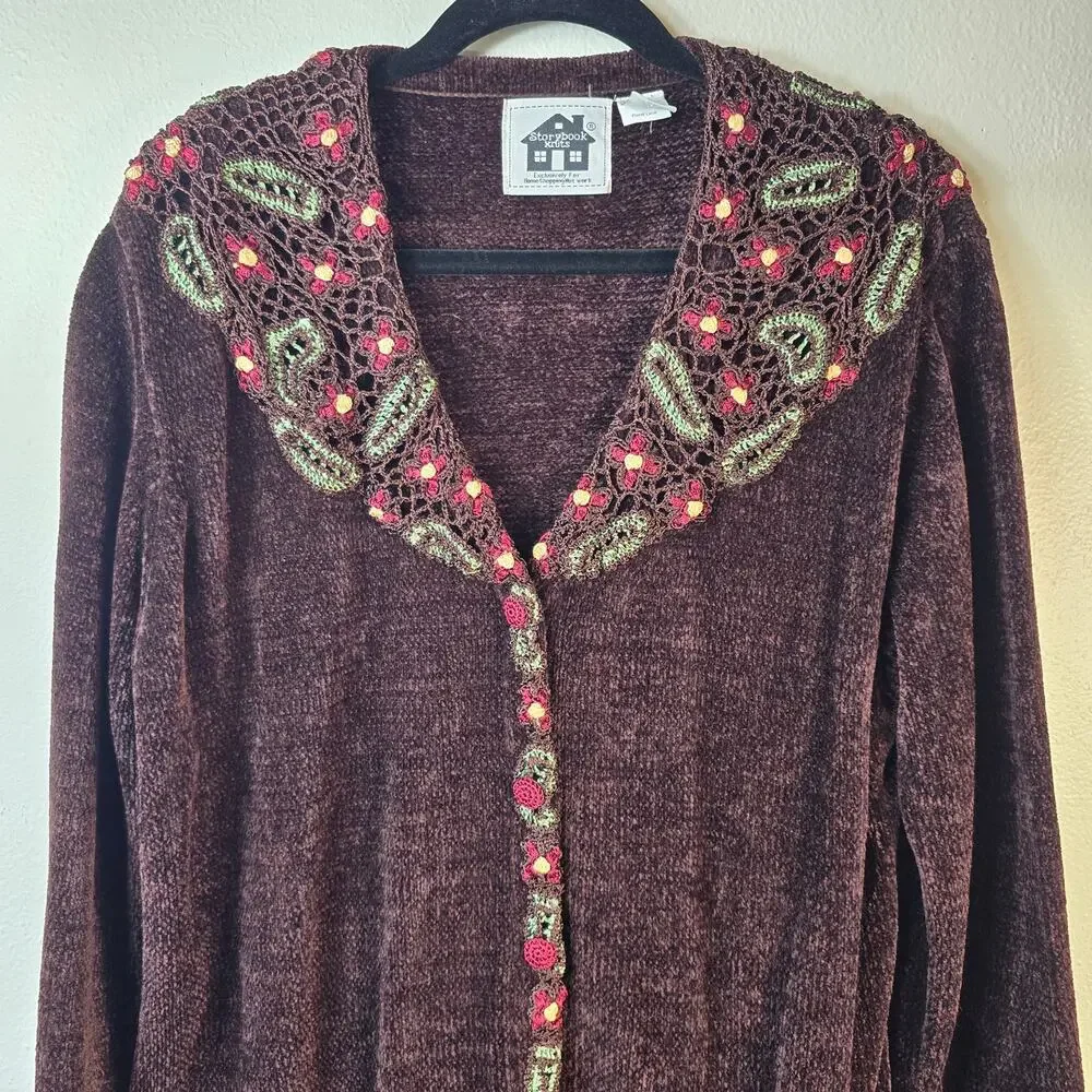Storybook Knits Sweater Women's 1X Brown Chenille Green Red Floral Crochet
